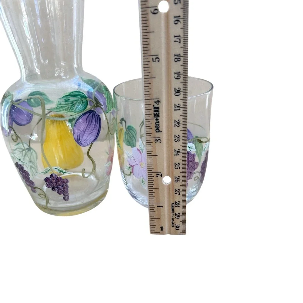 Vintage Hand Painted Floral Tumble Up Glass Bedside Water‎ Carafe Set
